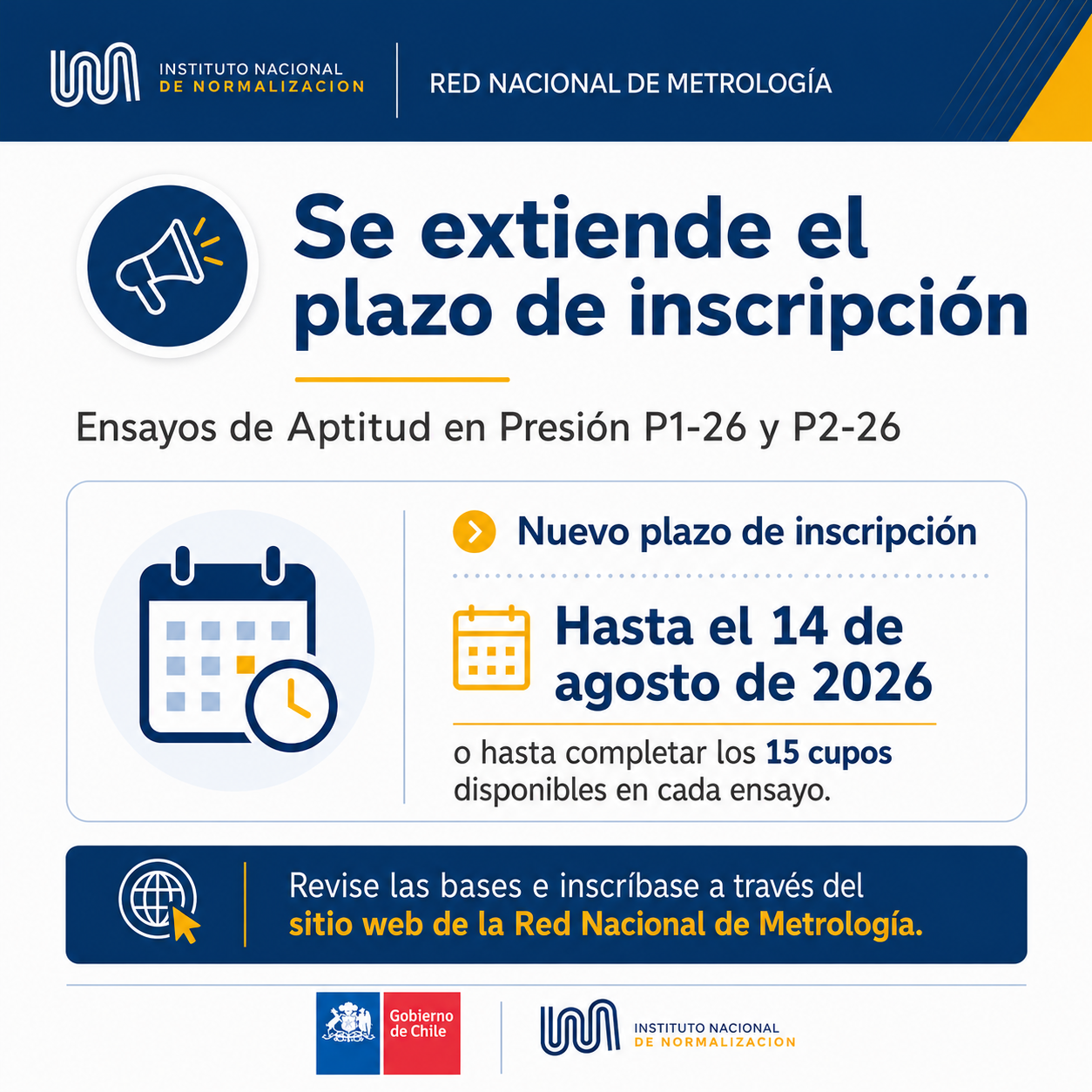 Se extiende el plazo de inscripción para los Ensayos de Aptitud en Presión P1-26 y P2-26: