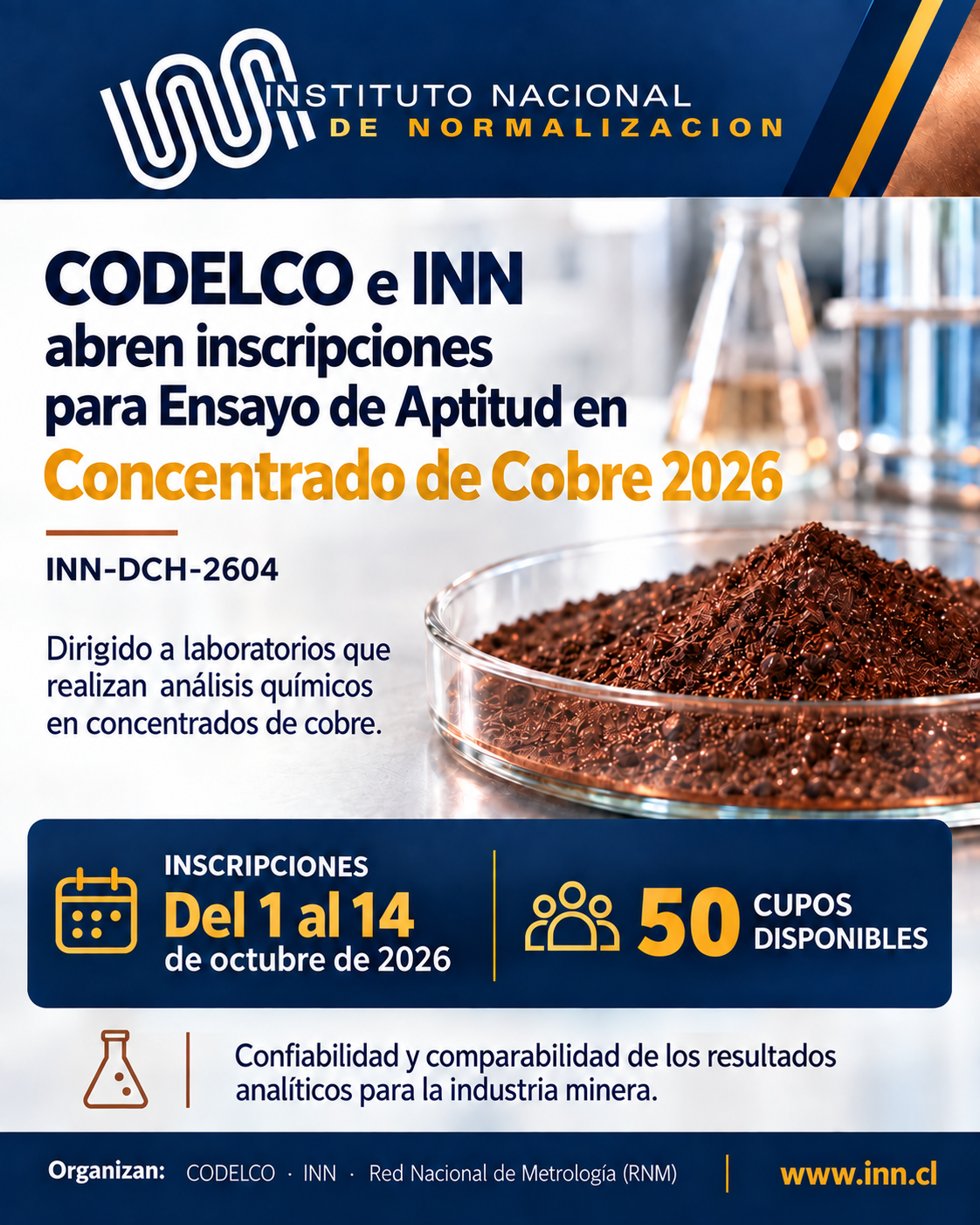 CODELCO e INN abrirán inscripciones para Ensayo de Aptitud en Concentrado de Cobre 2026