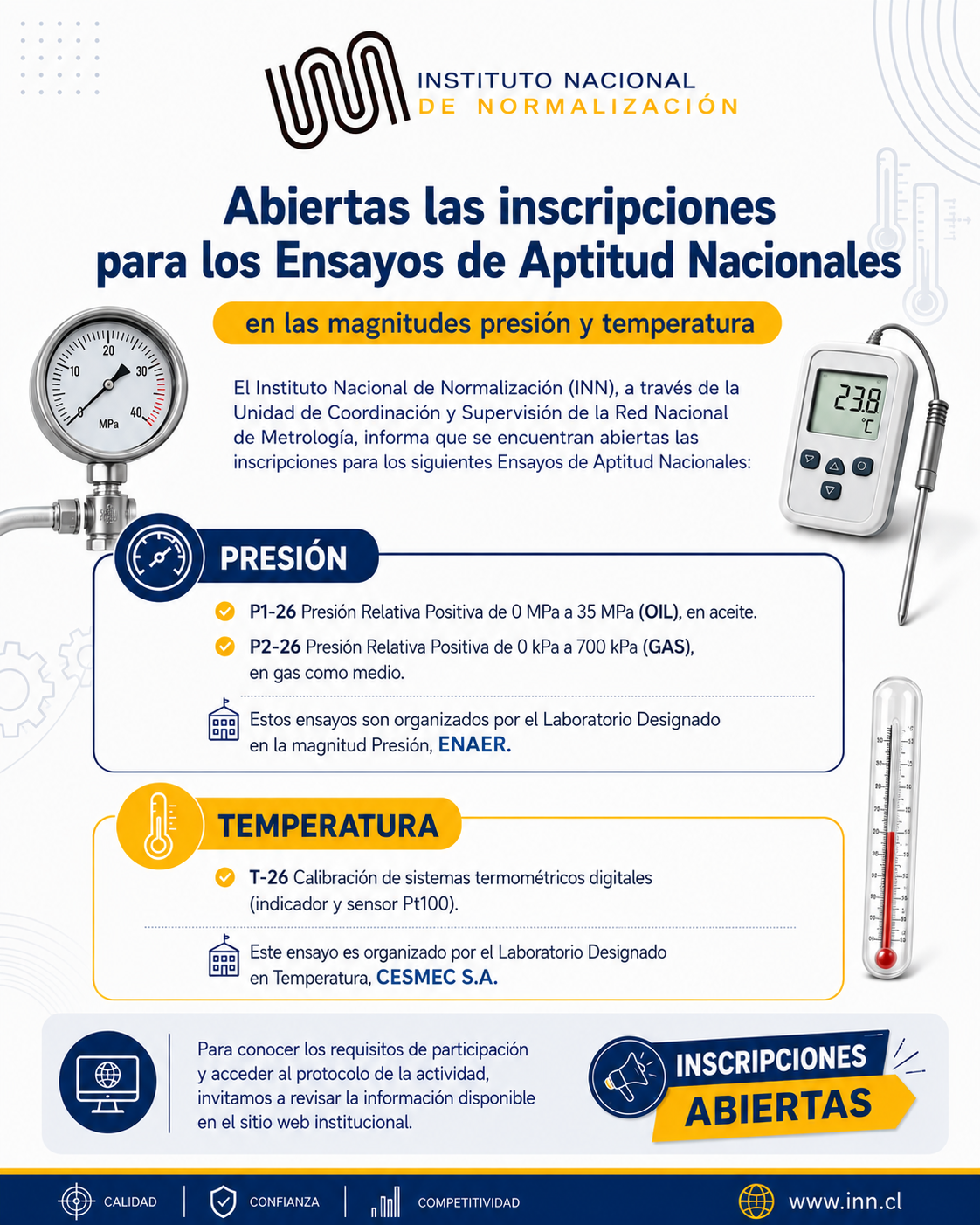 Abiertas las inscripciones para los Ensayos de Aptitud Nacionales en las magnitudes presión y temperatura.